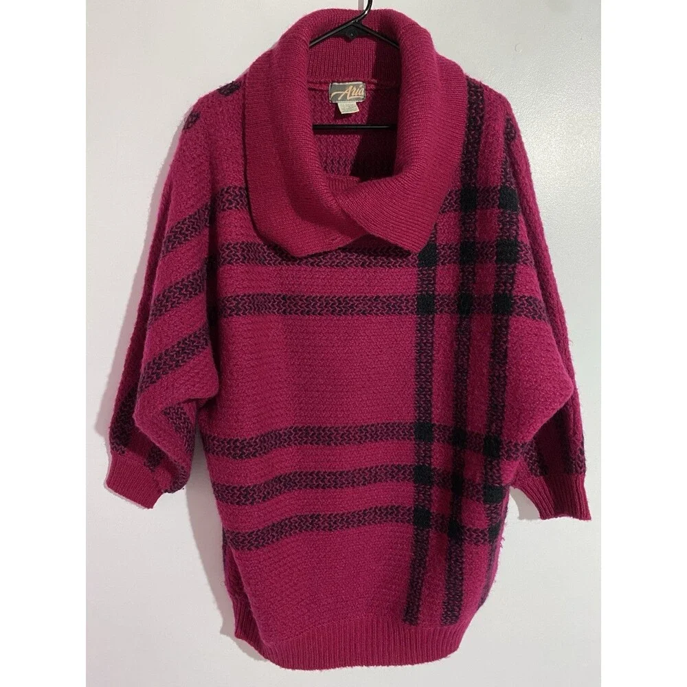 Vtg Aria Sweater L Fuchsia Pink Mohair Plaid Long Boho Oversized‎ Cozy Stretch